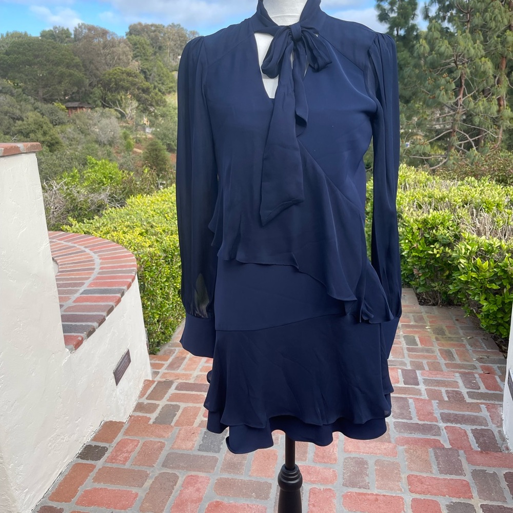 Parker Kenji Tie-Neck Long-Sleeve Ruffle Tiered Navy Chiffon short dress XS